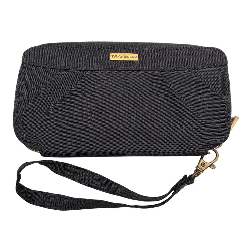 Travelon Zip Around Travel Wallet Black Wristlet Strap Nylon Small 7x4 Organize